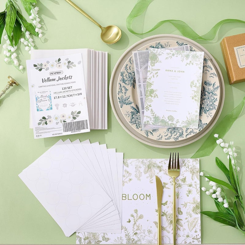 PENPRIS 120 Pcs Pre-Folded Vellum Jackets for 5x7 Invitations - Bulk Transparent Paper Envelope Liners with 120 Sealing Stickers for Wedding Birthdays Baby Showers Invitations PAP10MX3 - Image 5